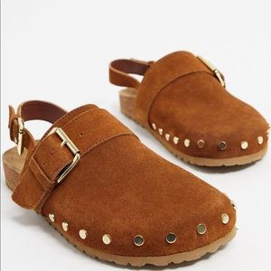 SUEDE LEATHER CLOGS STUDDED CORK BASE BUCKLE STRAP